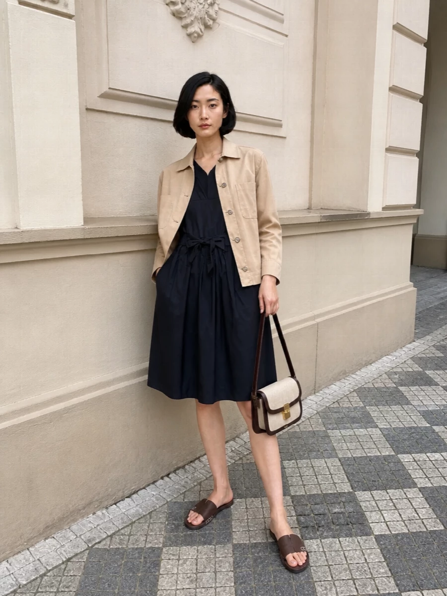Woolrich shirt jacket navy midi dress outfit