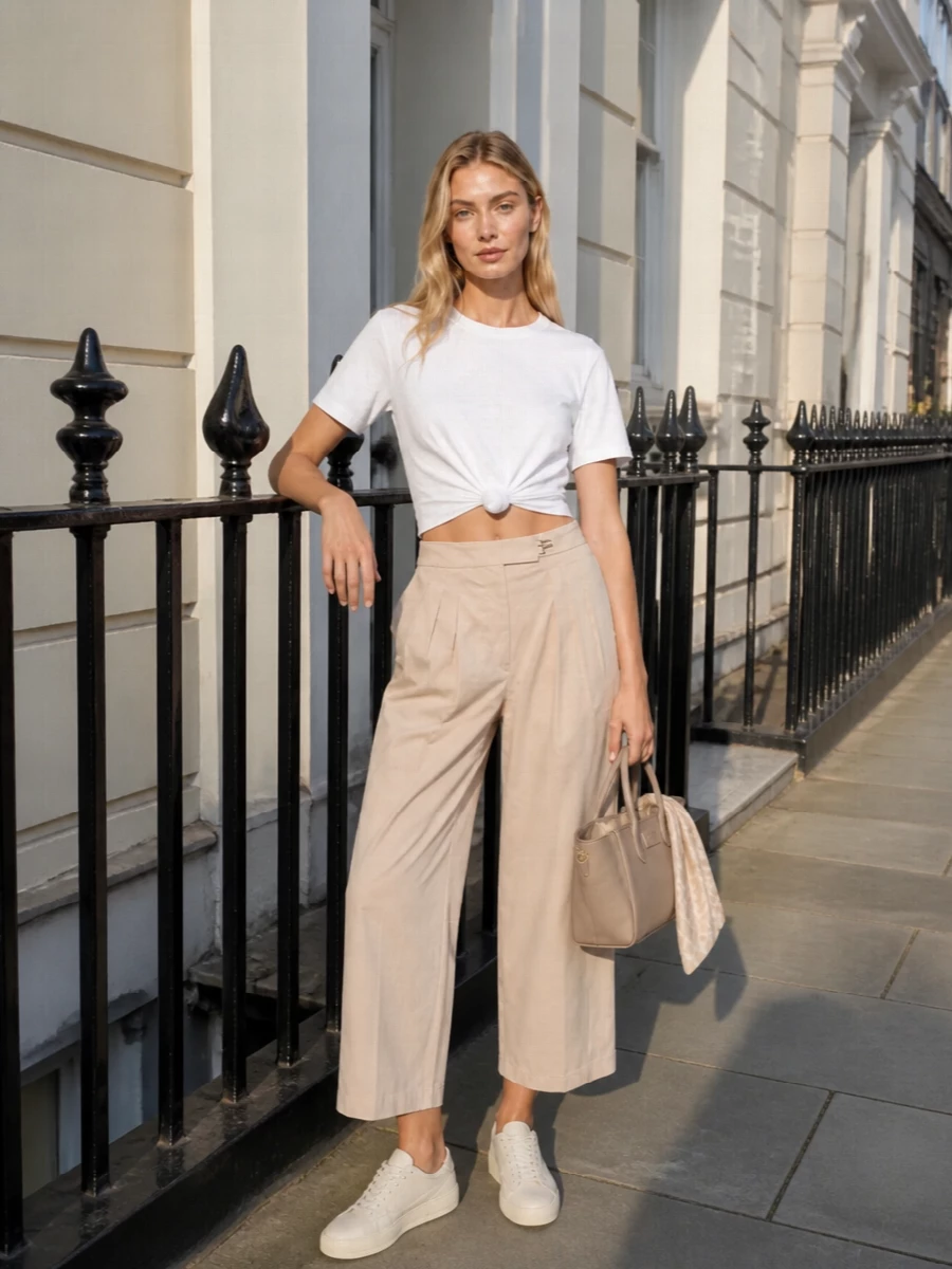 Emporio armani cropped tee beige wide leg trousers
