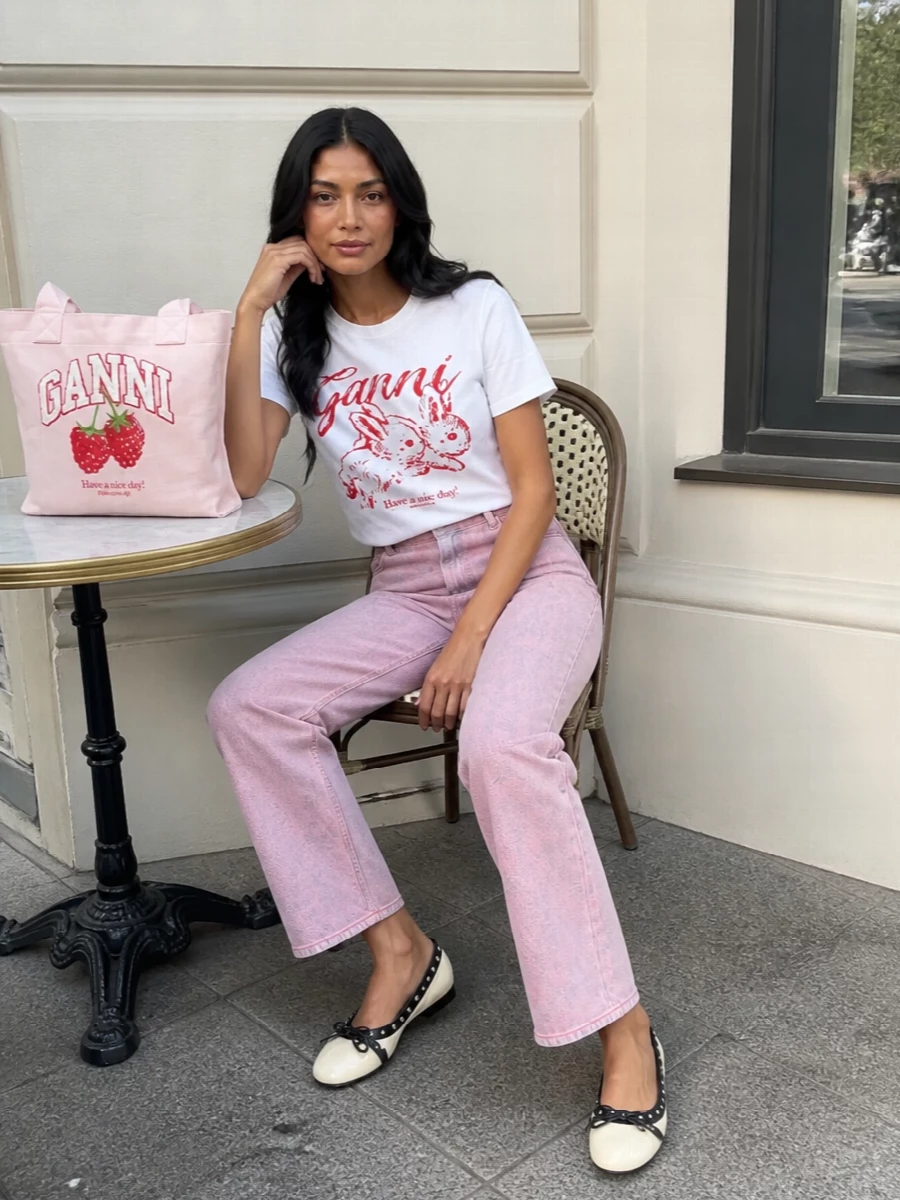 Ganni bunny tee pink jeans ballerina flats