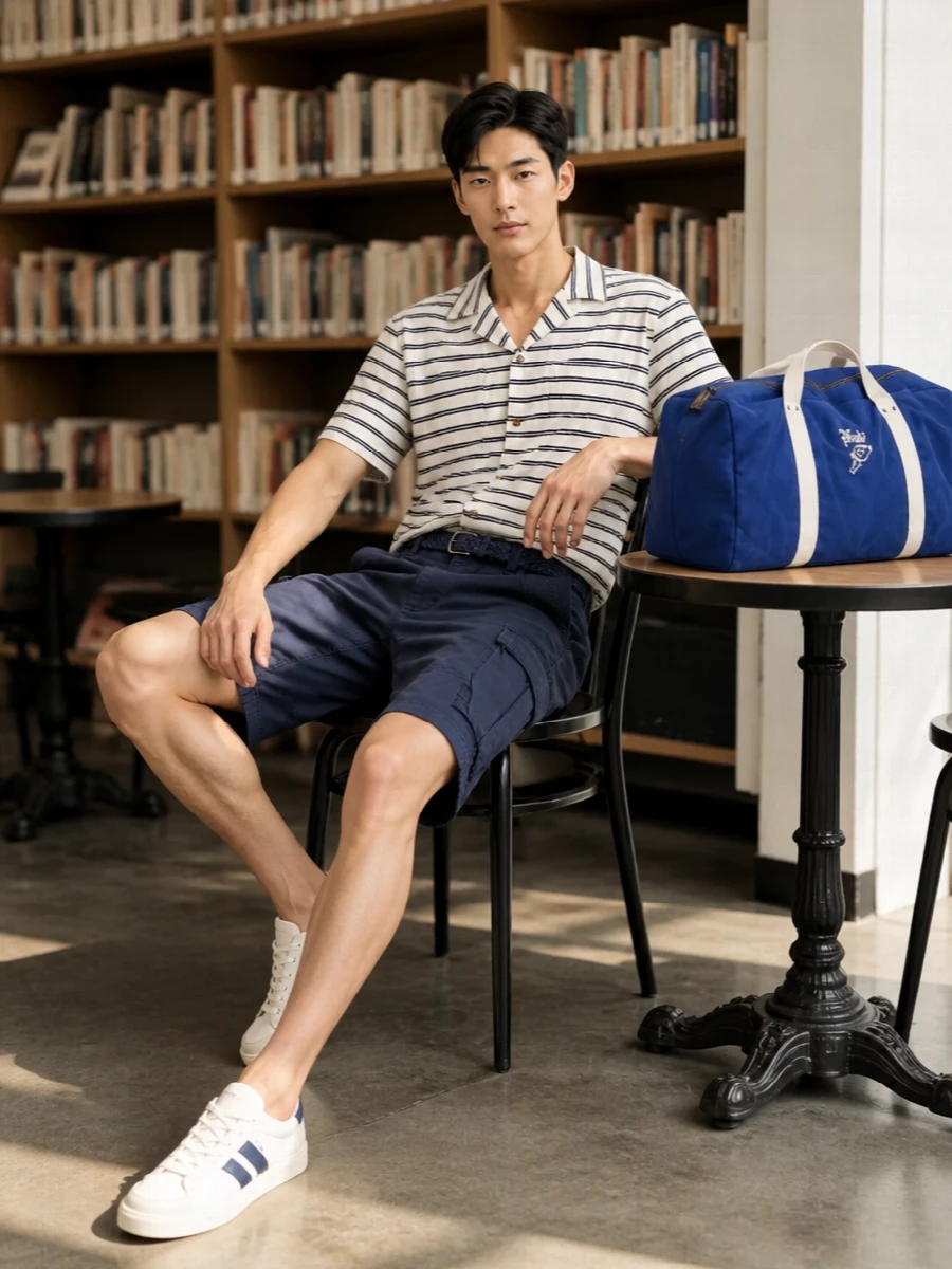 Navy cargo shorts meet a striped camp-collar shirt for a clean, coastal prep mood that still feels ready for city wandering. Off-white and navy court sneakers keep the palette tight and practical underfoot. A braided navy belt and compact duffle finish it as an easy weekend uniform that reads sporty without feeling overly athletic.