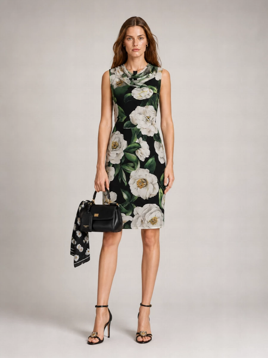 Dolce&Gabbana Silk Floral-Print Draped Cowl-Neck Sleeveless Midi Dress