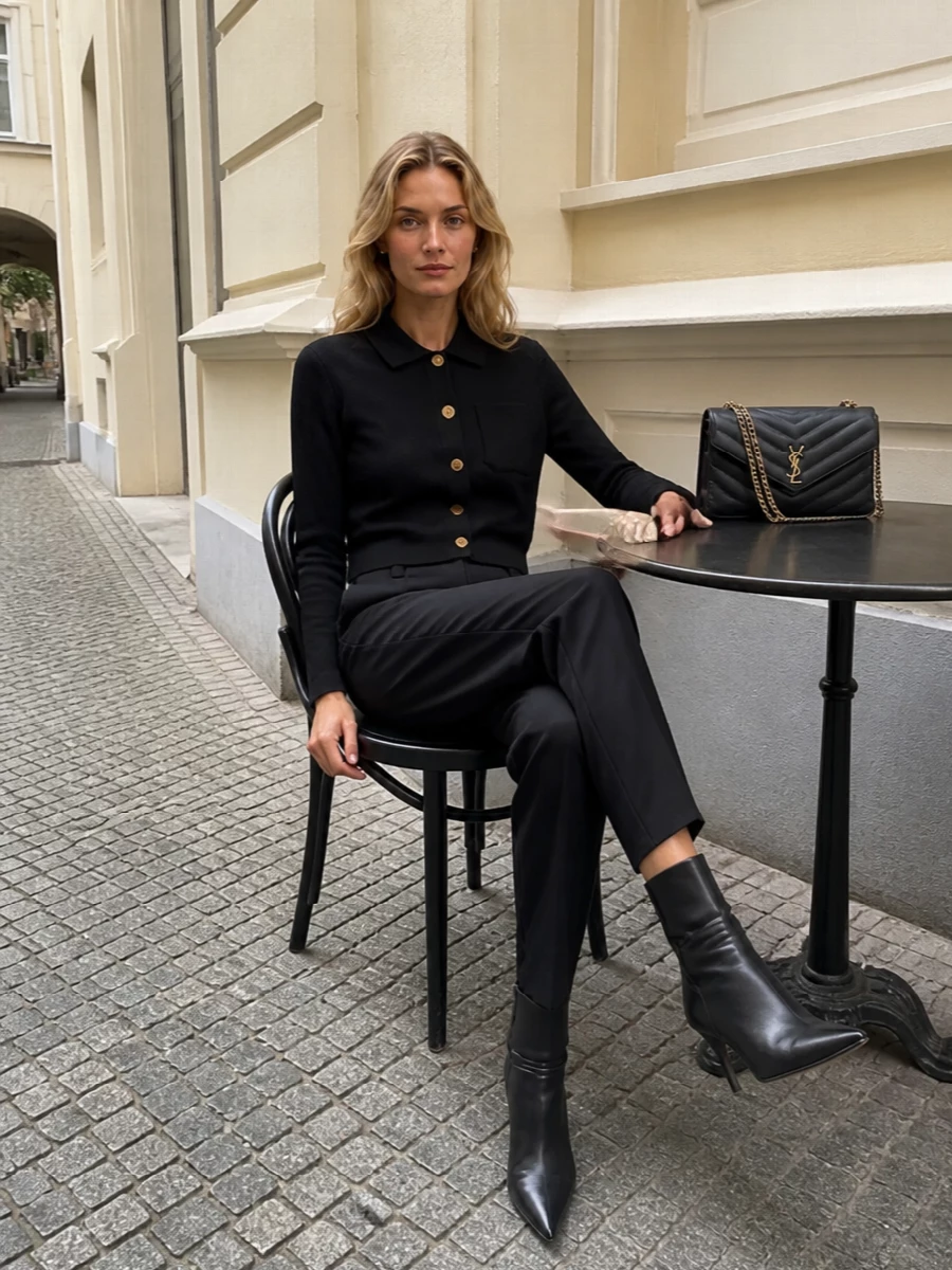 A monochrome Saint Laurent pairing lets the cardigan read almost like soft tailoring, grounded by sharp black trousers and sculpted ankle boots. Gold hardware on knit and bag align for a precise, understated finish. It is a clean, FW-ready uniform for days that slide straight into dinner.
