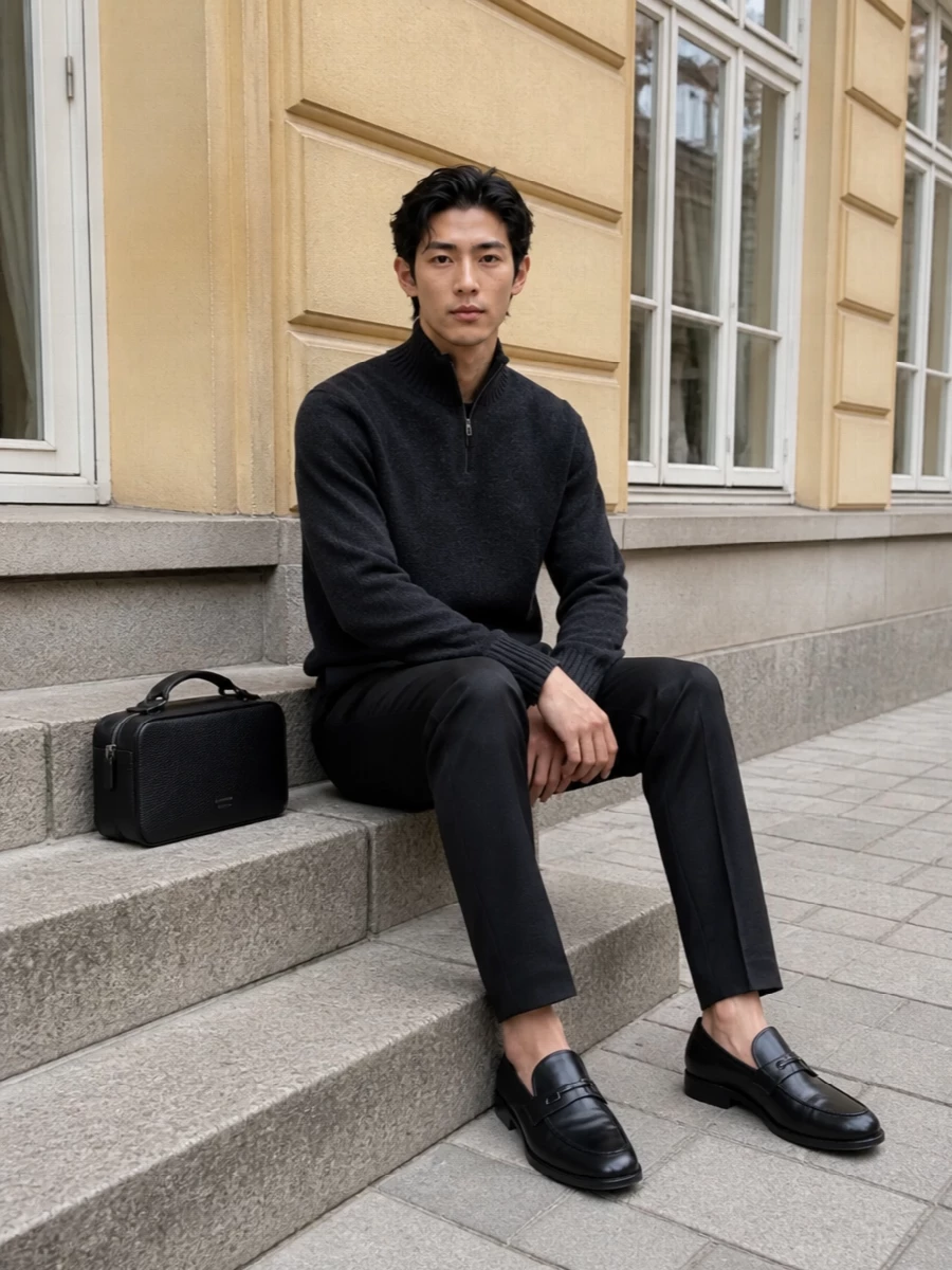 Ferragamo loafers prada charcoal trousers outfit