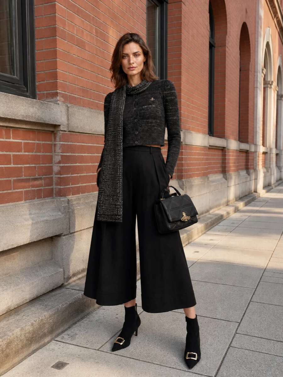 Vivienne westwood cardigan wide leg trousers outfit