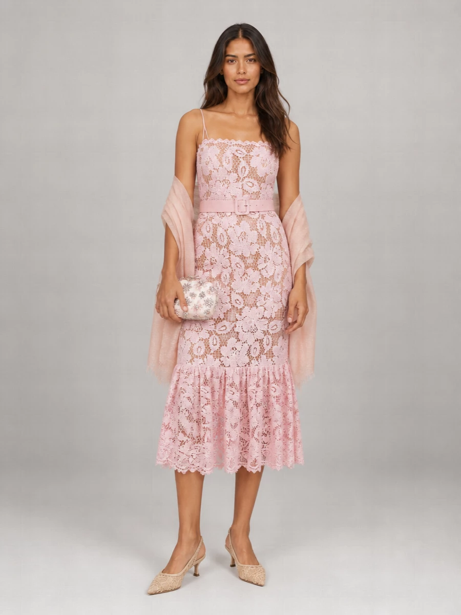 Self-Portrait Crochet Lace Flared Sleeveless Midi Dress