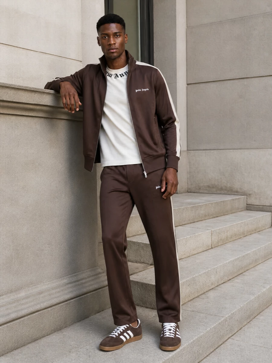 Palm angels brown track suit logo tee outfit