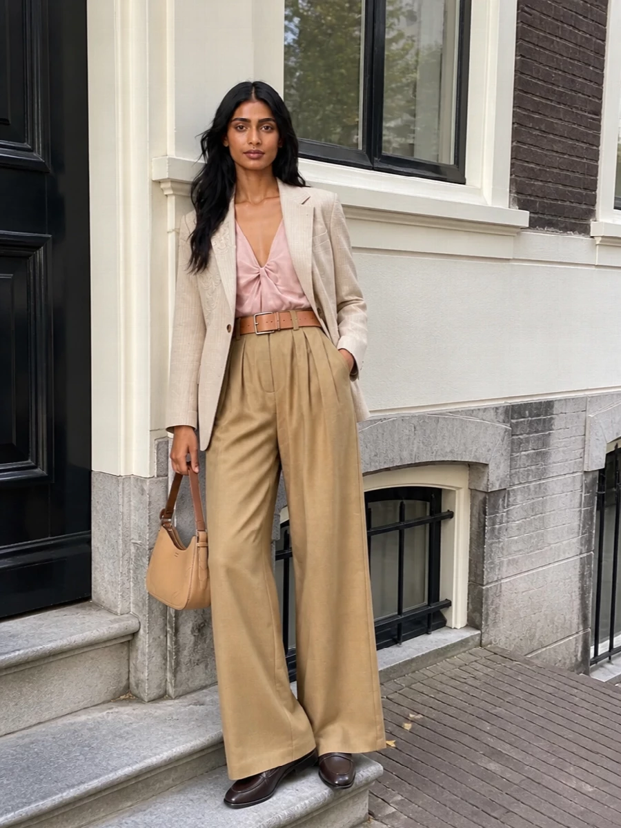 Dries van noten camel wide leg trousers outfit