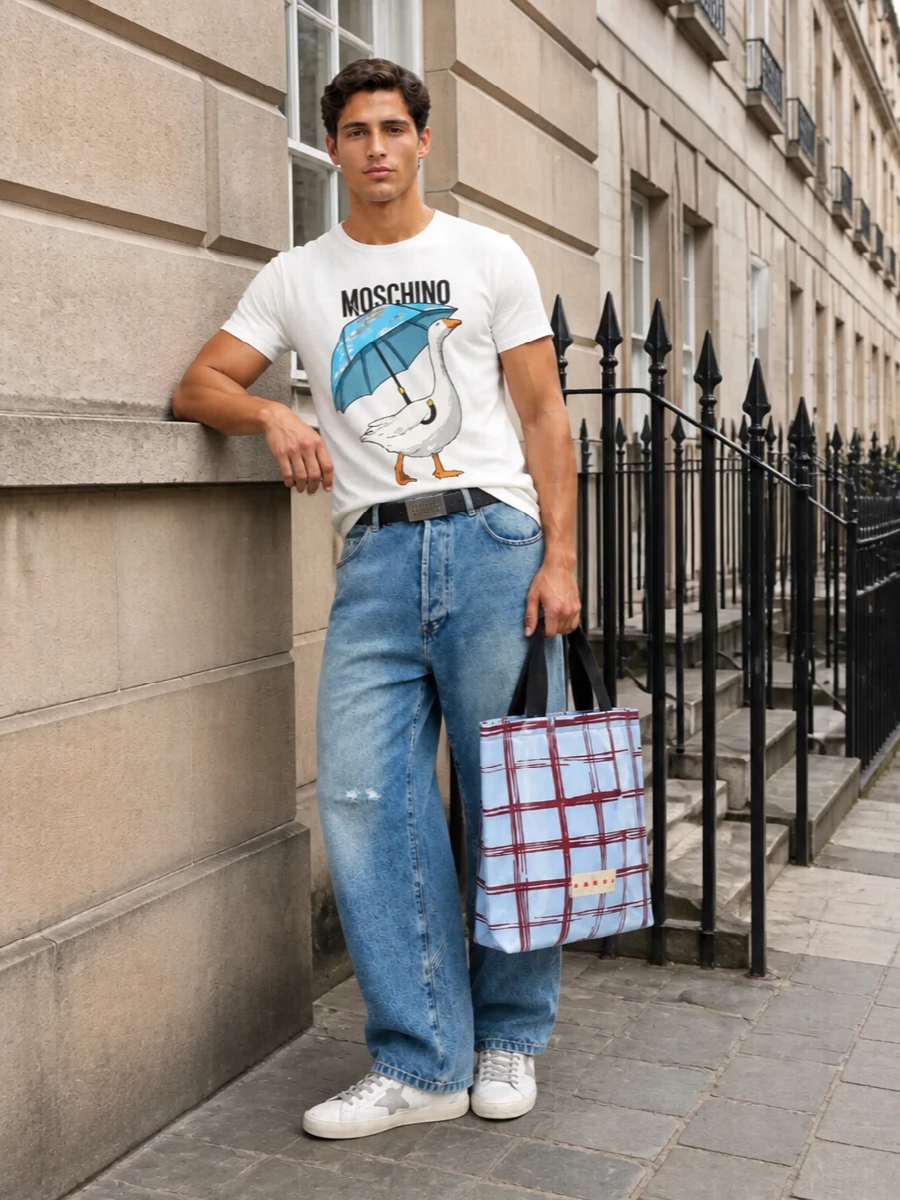 A graphic Moschino tee sits over relaxed wide-leg denim for a light, easy take on street-preppy dressing. Off-white distressed sneakers keep it grounded and wearable, while the checked tote and sleek belt add just enough structure and colour to feel thought through without losing the playful edge.