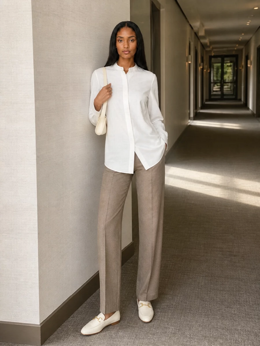 Max mara white shirt taupe trousers outfit