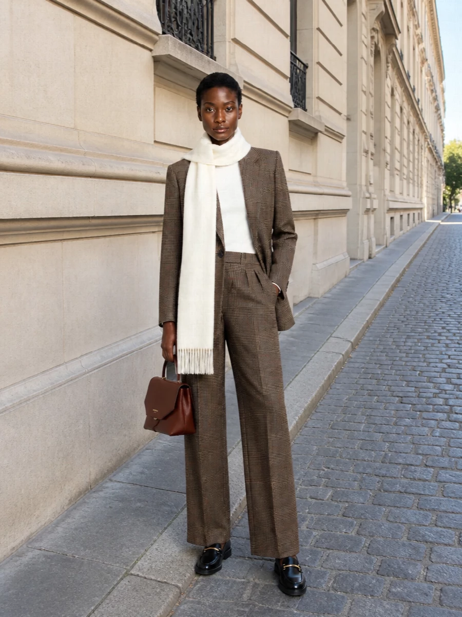 Max mara checked blazer wide leg trousers outfit