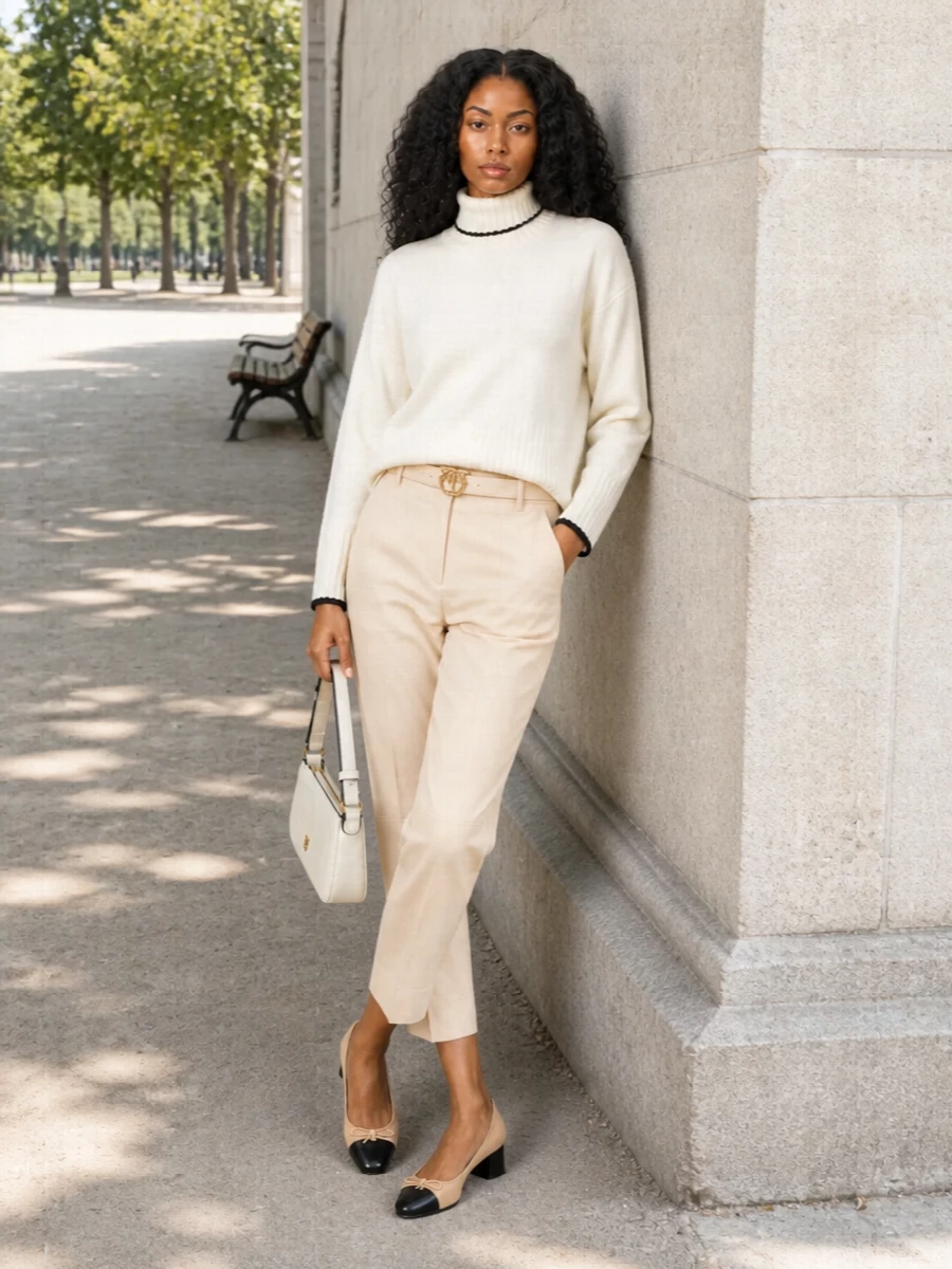 An ivory turtleneck meets cropped beige tailoring for a soft, tonal take on city dressing. The nude-and-black cap-toe pump and off-white baguette tie into the knit’s contrast trim while keeping everything light and pared back. An ivory belt adds just enough definition and polish without disturbing the calm, minimalist palette.
