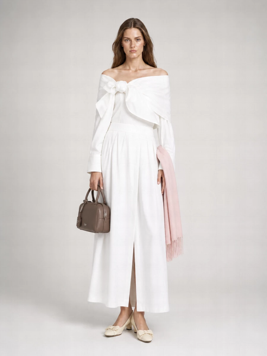 Max Mara Cotton Shoulderless Knotted Long-Sleeve Blouse