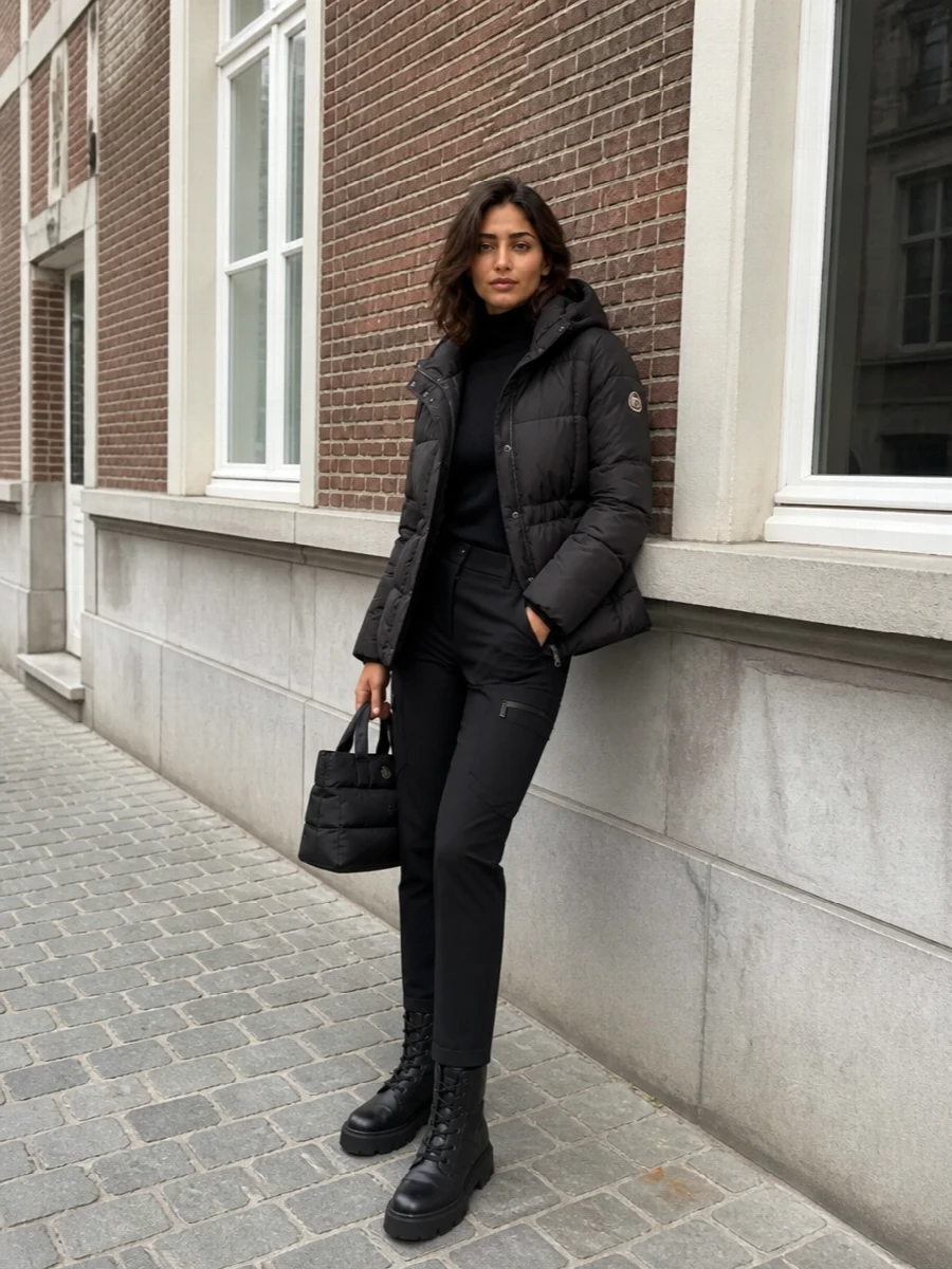 Moncler padded coat black technical pants outfit