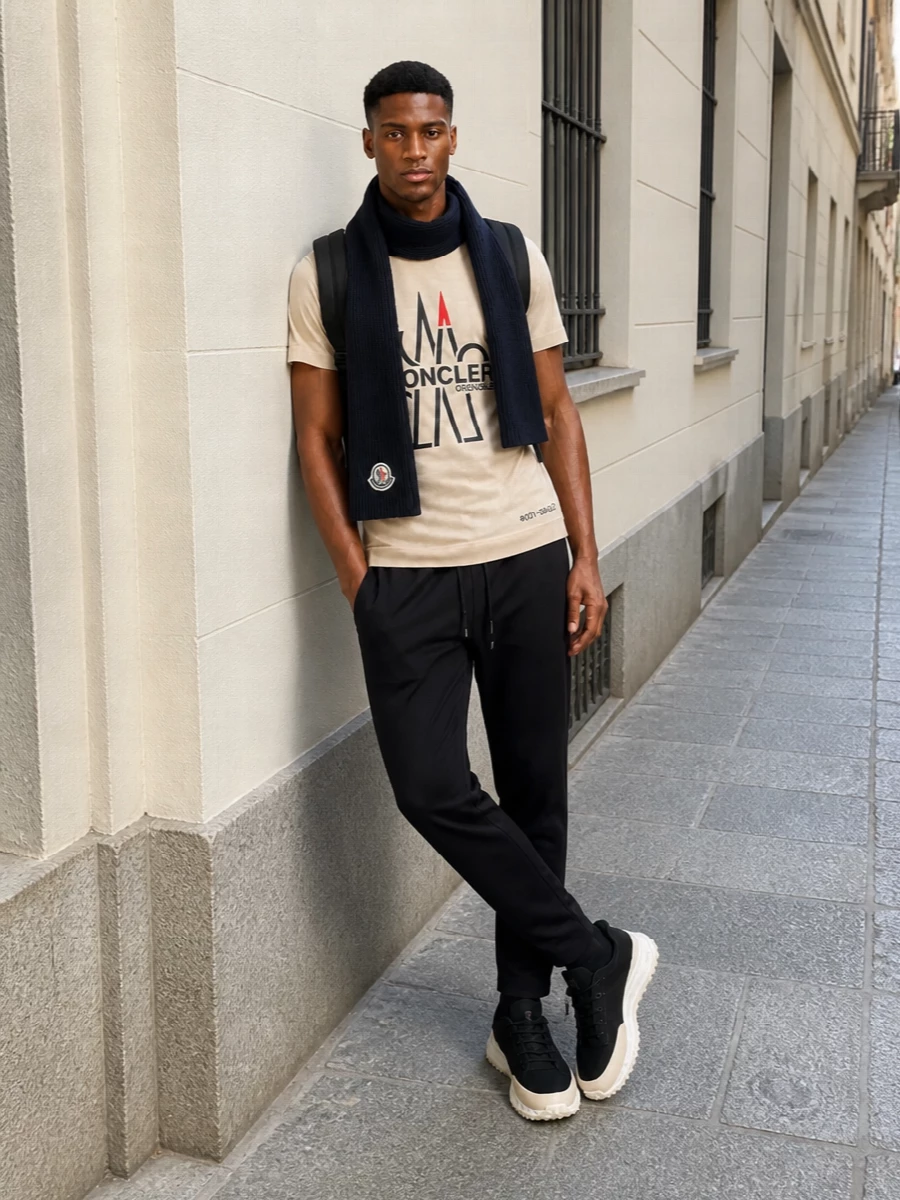 Moncler grenoble beige tee black joggers sneakers