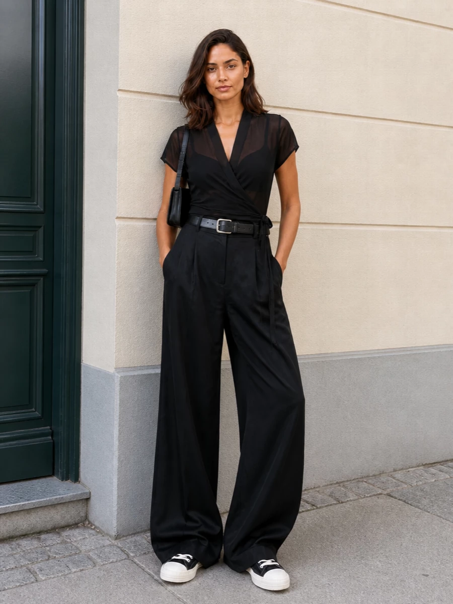 A sheer wrapped torso and ultra-wide black Rick trousers create a long, inky column with just enough skin and lightness to keep it from feeling heavy. Graphic low-top sneakers echo the off-white flash at the hem, while a slim black belt and a quiet The Row shoulder bag sharpen the waist and side profile for gallery evenings or late dinners in the city.