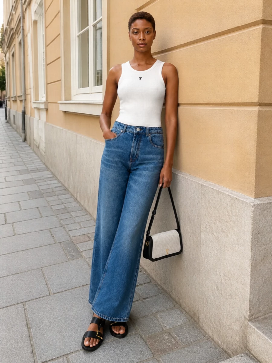 Ami paris white tank wide leg jeans outfit
