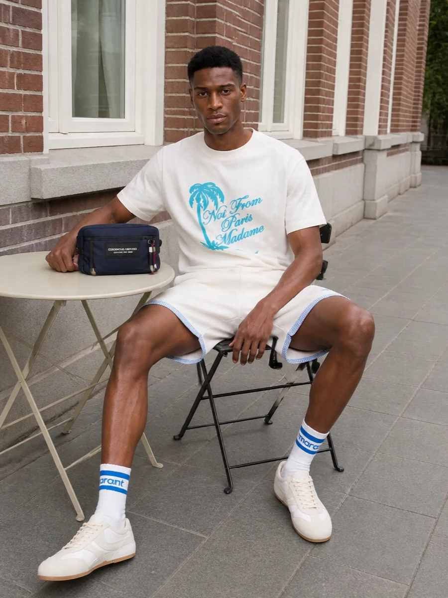 Drole de monsieur graphic tee sport shorts outfit