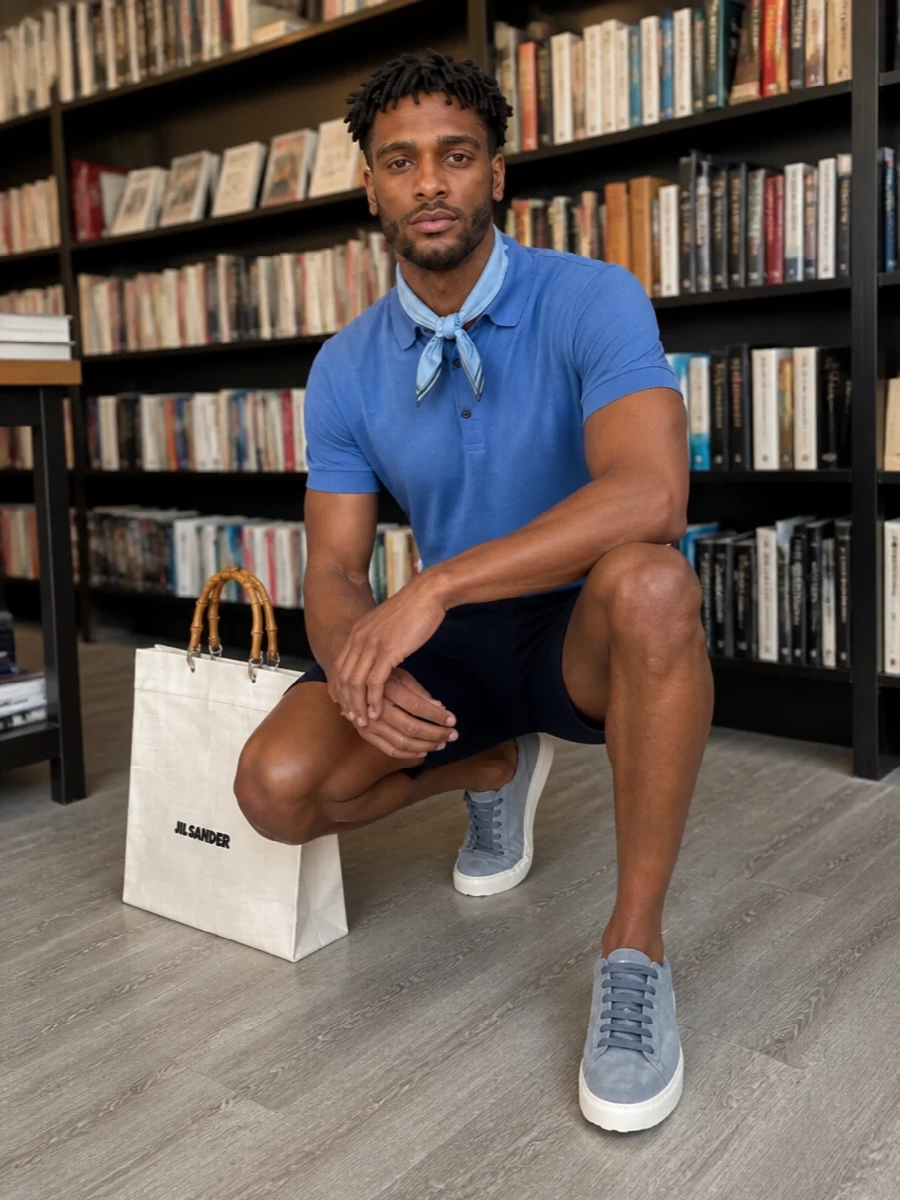 John smedley blue polo navy shorts tods sneakers