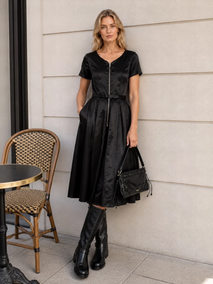 Prada black midi dress knee high boots outfit