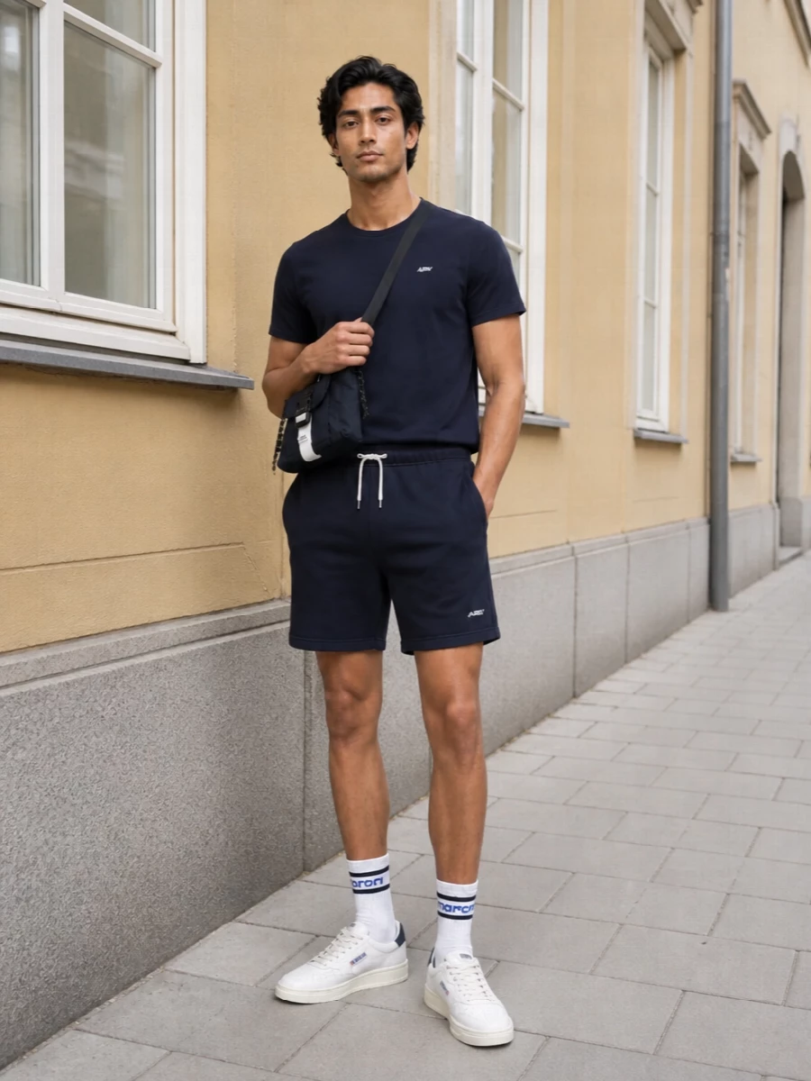 Autry navy tee deck shorts retro sneakers