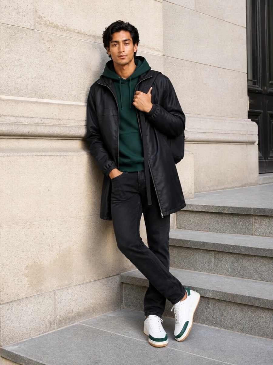 Saint laurent black parka green hoodie jeans