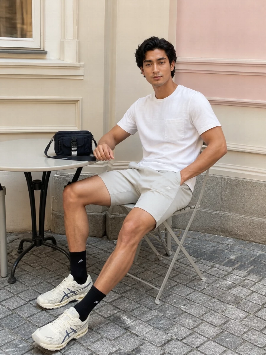 K way tee light shorts asics runners outfit