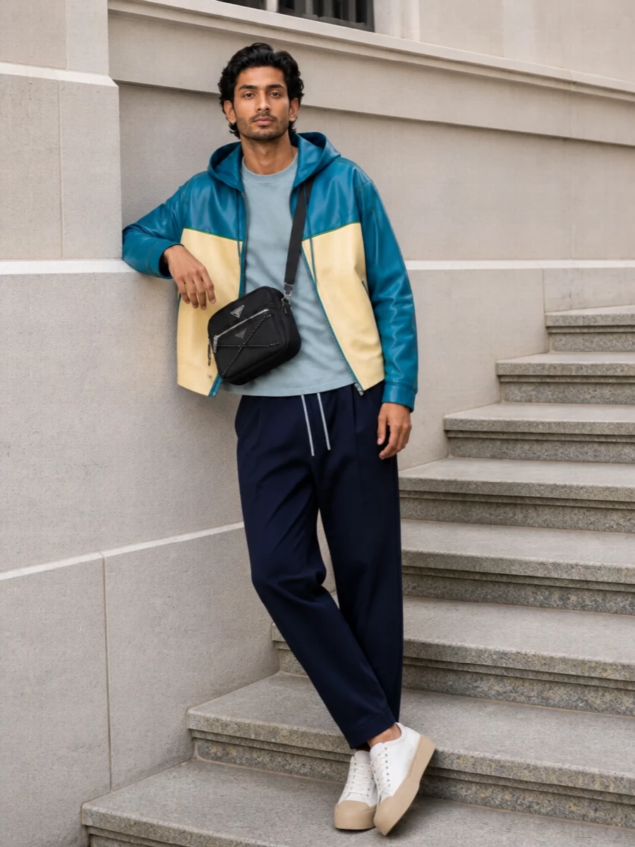 Marni petrol blue jacket navy trousers outfit