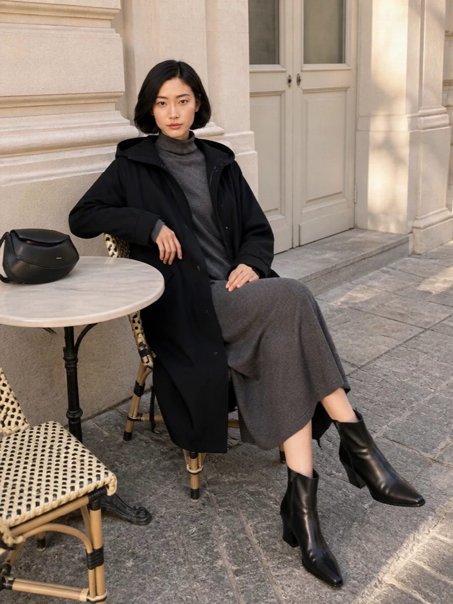 I am choosing the dress path rather than top and bottom, because the column knit dress and parka together create a single uninterrupted vertical line that feels more coherent and serene than splitting the silhouette. The charcoal dress, black parka, and pointed ankle boots form a cool-weather city uniform that is minimal, quietly polished, and easy from desk to late dinner. The sculpted black cross-body tucks into that language, adding just enough structure without disturbing the calm of the head-to-toe neutrals.