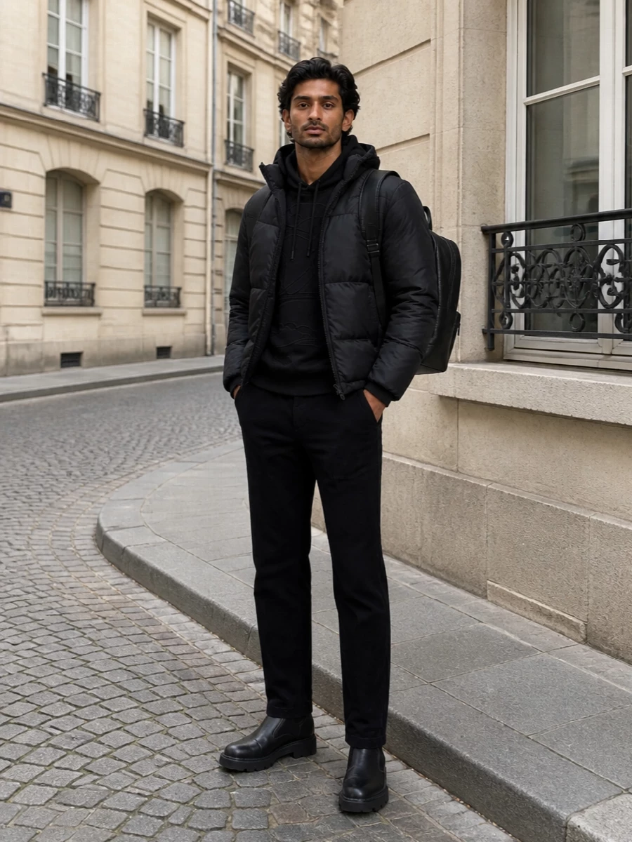 This is a dark, monochrome FW city uniform: a sculpted Burberry puffer over a tonal black hoodie, grounded by straight-leg textured trousers and chunky Chelsea boots. The Balenciaga backpack keeps the look functional yet elevated, delivering a clean, urban silhouette that reads quietly luxurious rather than logo-driven.
