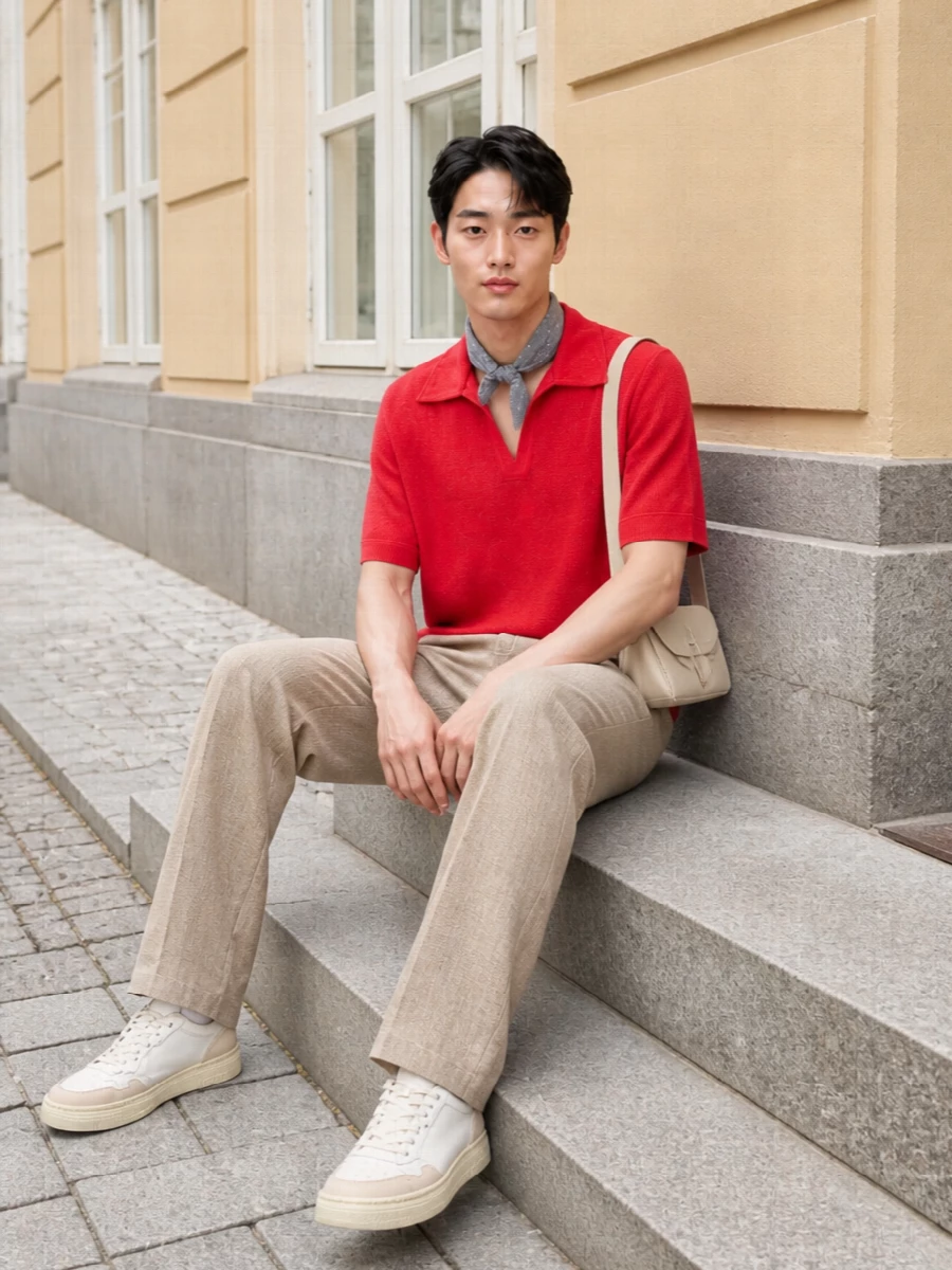 Sefr red knit beige trousers autry sneakers