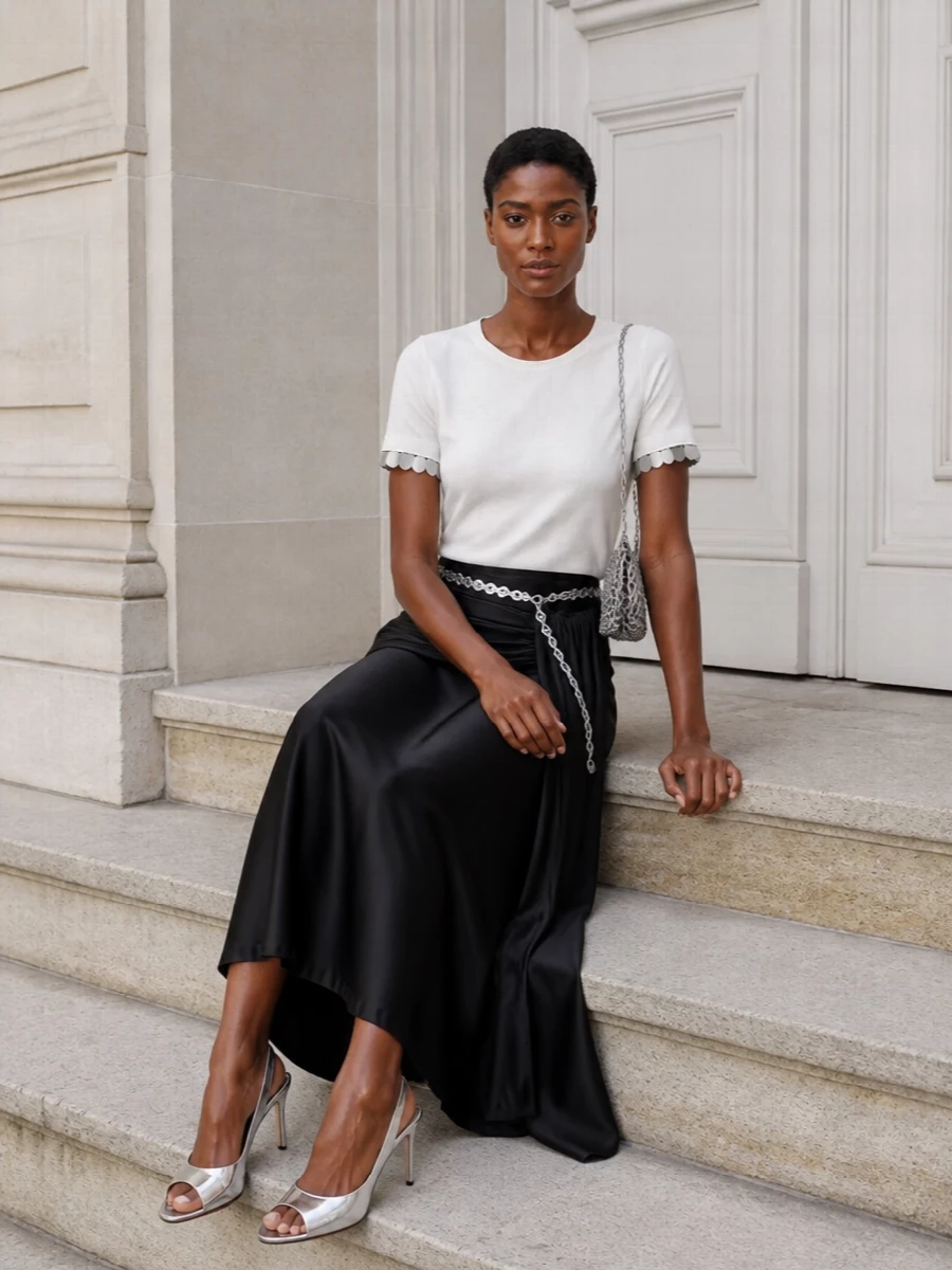 Paco rabanne sequin tee satin midi outfit