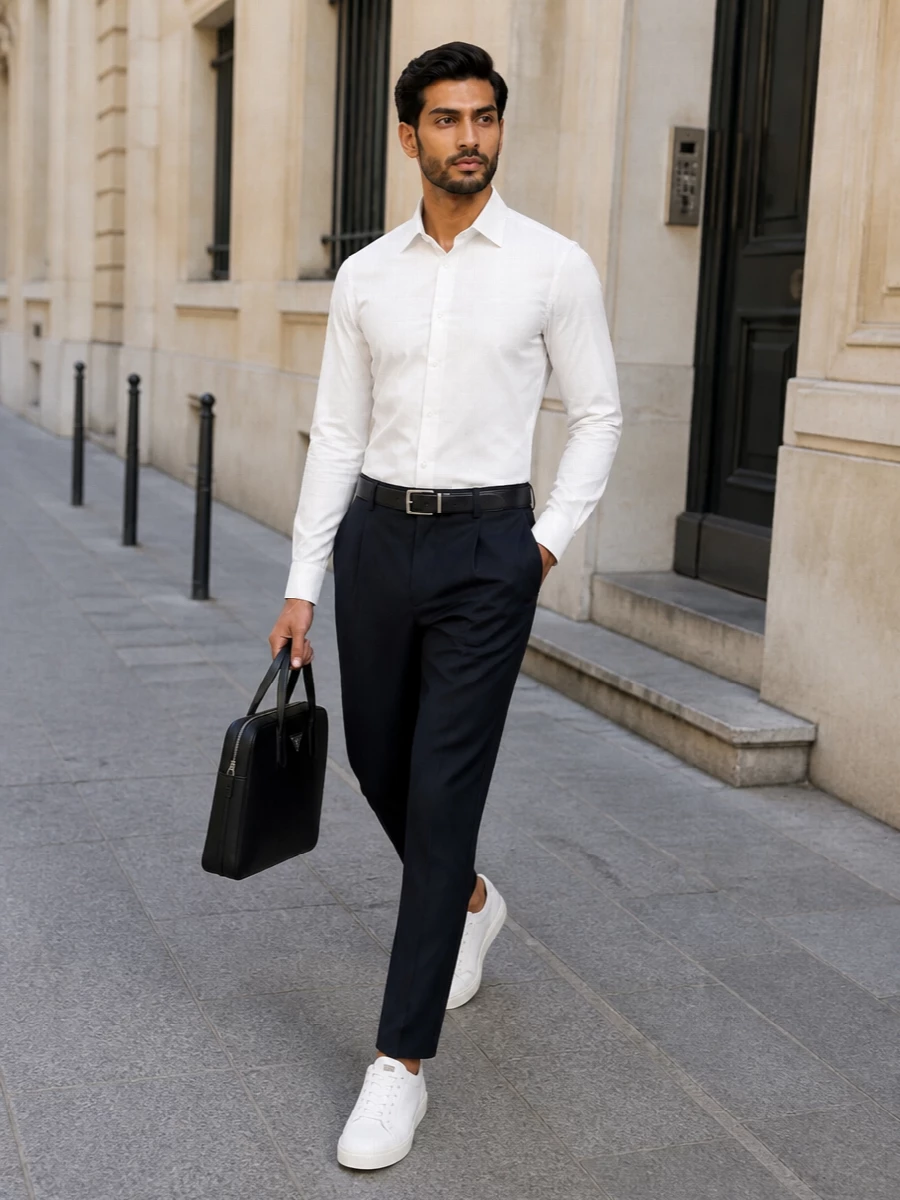 An ivory Zegna shirt is grounded by deep navy pleated trousers for a modern, minimal take on warm‑weather tailoring. Clean white Valentino sneakers and a slim black Prada briefcase keep the look sharp yet relaxed, ideal from polished office days through understated evening plans. A dual‑tone belt finishes the outfit with discreet structure and continuity through the palette.