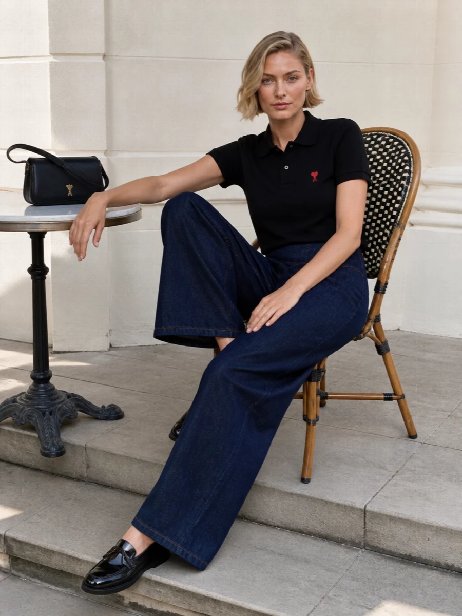 Ami paris black polo wide leg jeans outfit