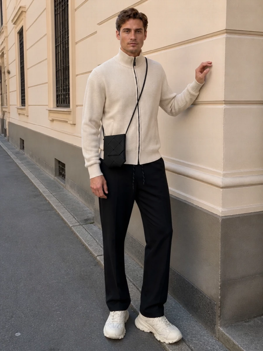 Balenciaga cream cardigan black trouser outfit