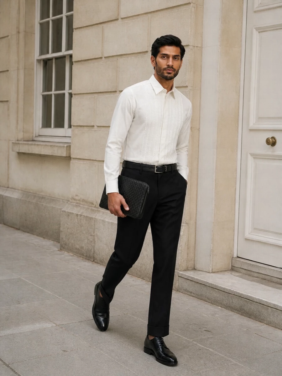 Ivory lace shirt black tux trousers evening outfit
