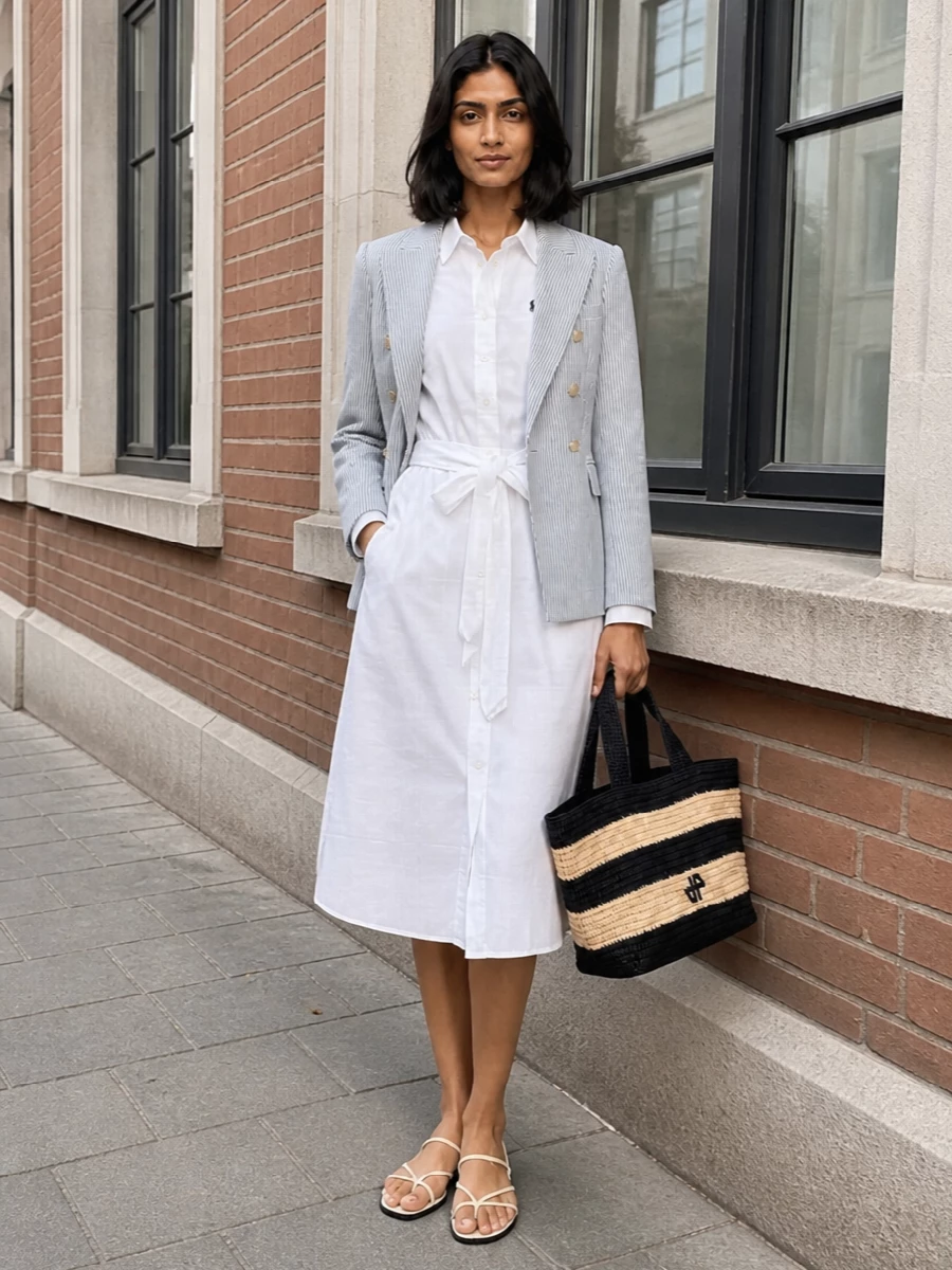 A crisp white Polo Ralph Lauren shirtdress gets a subtle Mediterranean prep spin with barely-there buttercream slides and a striped raffia tote. The result is clean, quietly collegiate and ready for city sidewalks or seaside boards in equal measure. Every element stays light and structured so the belted shirt silhouette remains the focus.
