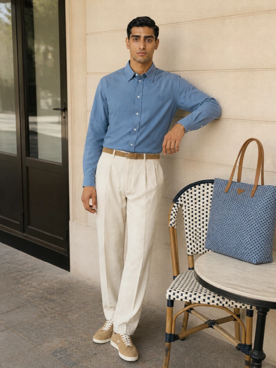Miu miu blue shirt prada beige trousers