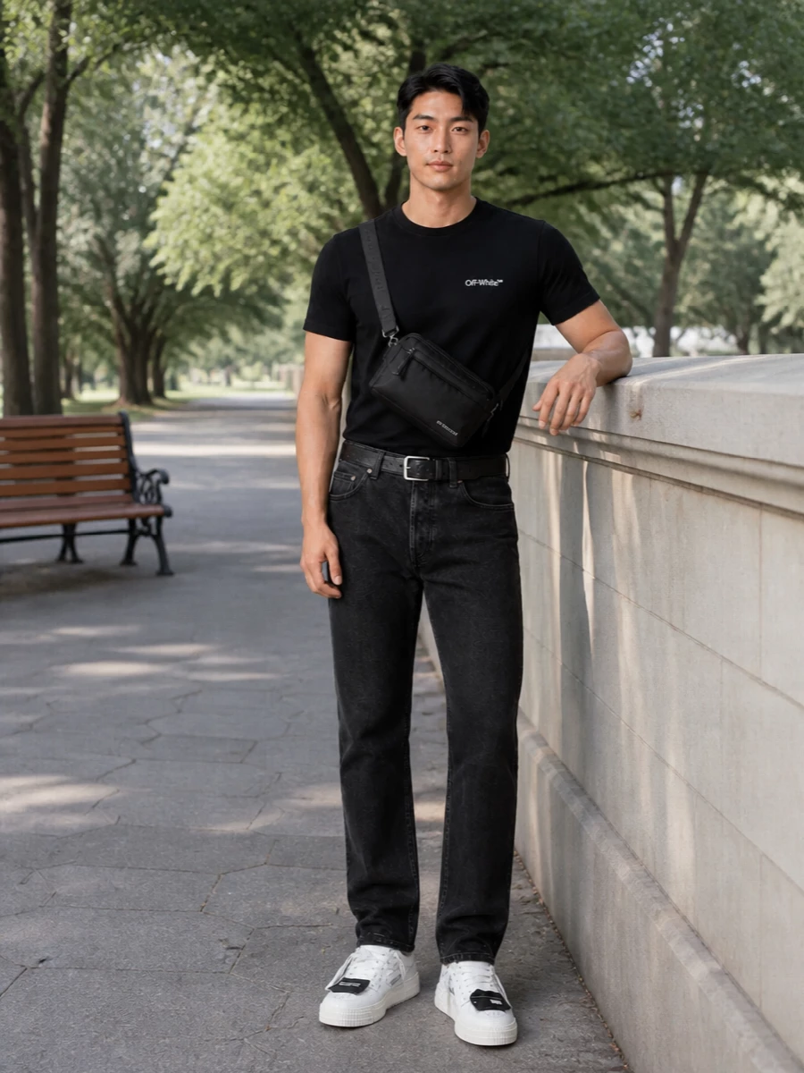 Off white logo t shirt black jeans streetwear outfit