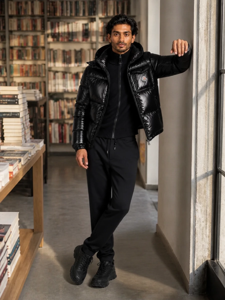 Moncler black puffer technical sneaker outfit