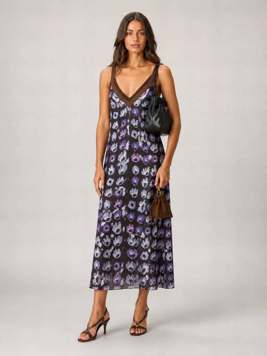 Prada Floral-Print V-Neck Midi Dress