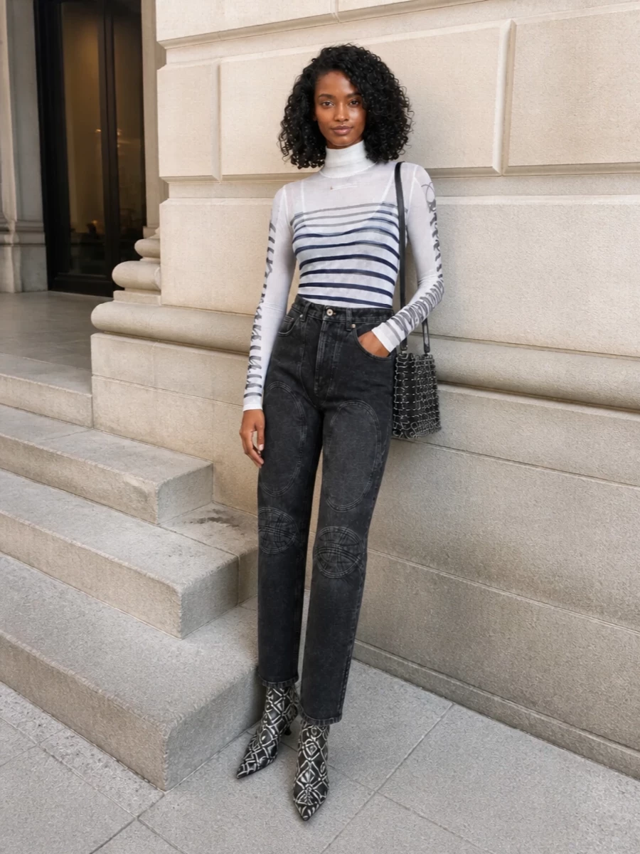 Gaultier sheer striped top black denim outfit