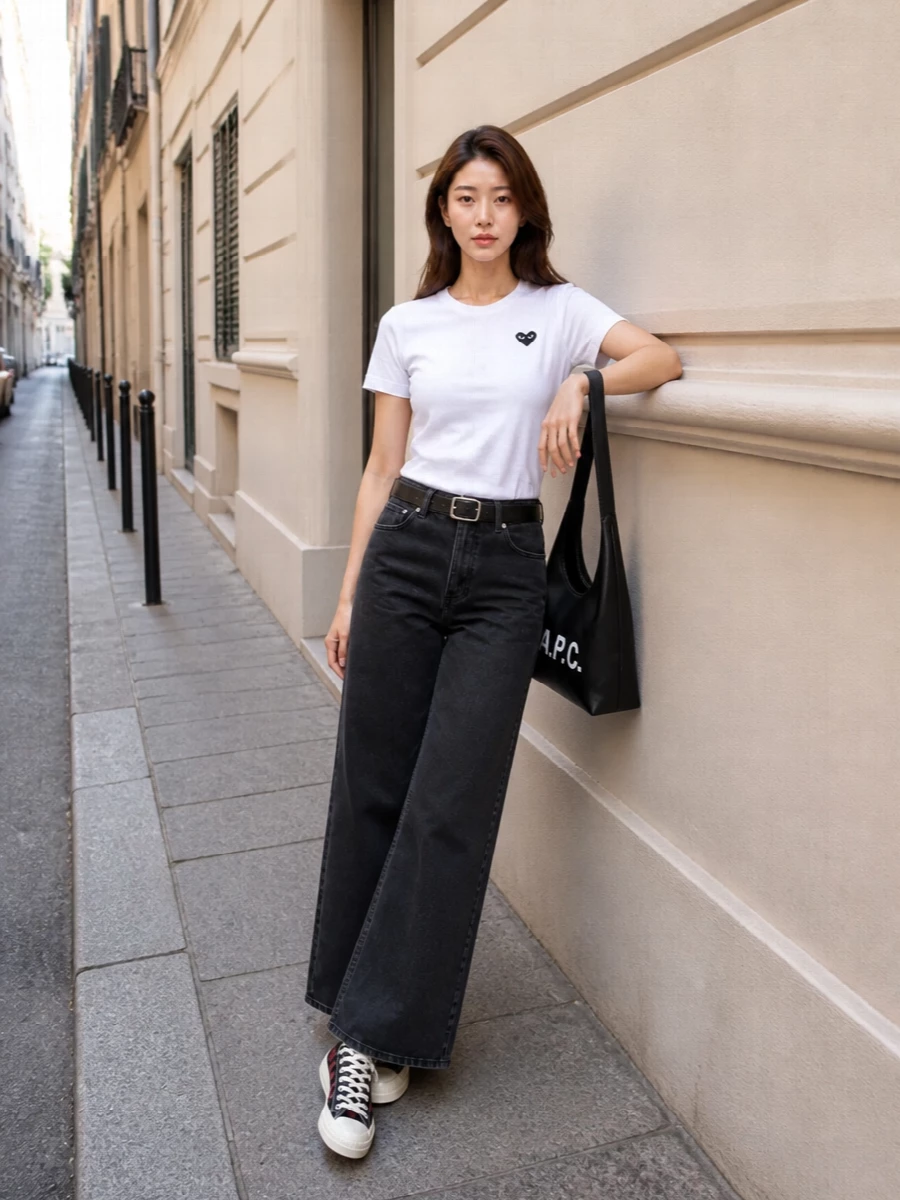 Comme des garcons play tee apc wide leg jeans