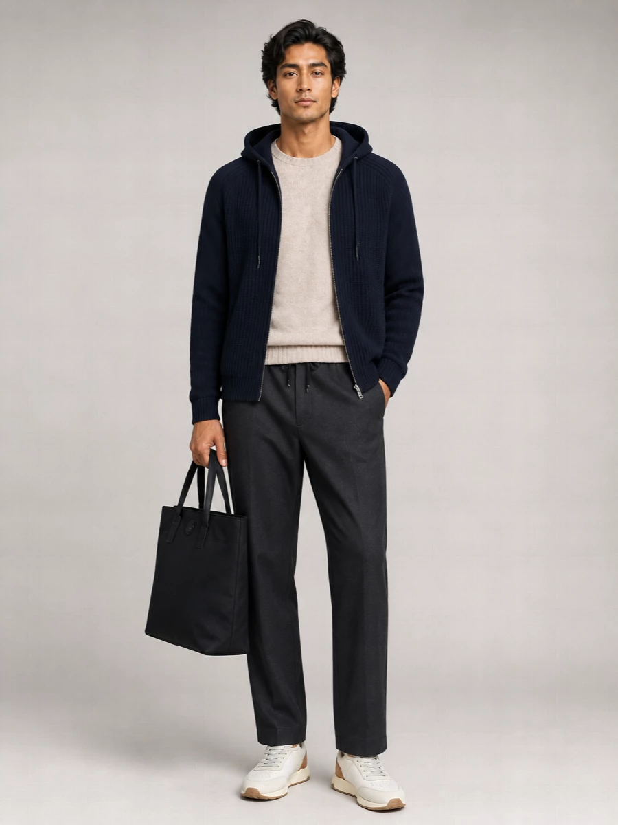 Herno Wool Reversible Hooded Ribbed Knit Cardigan Jacket