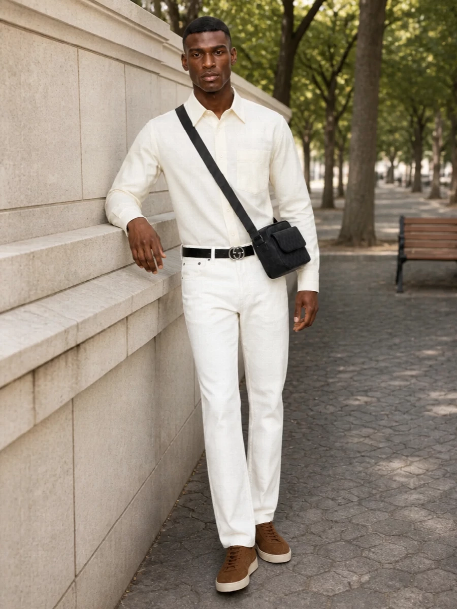 Gucci white jeans ivory shirt suede sneakers