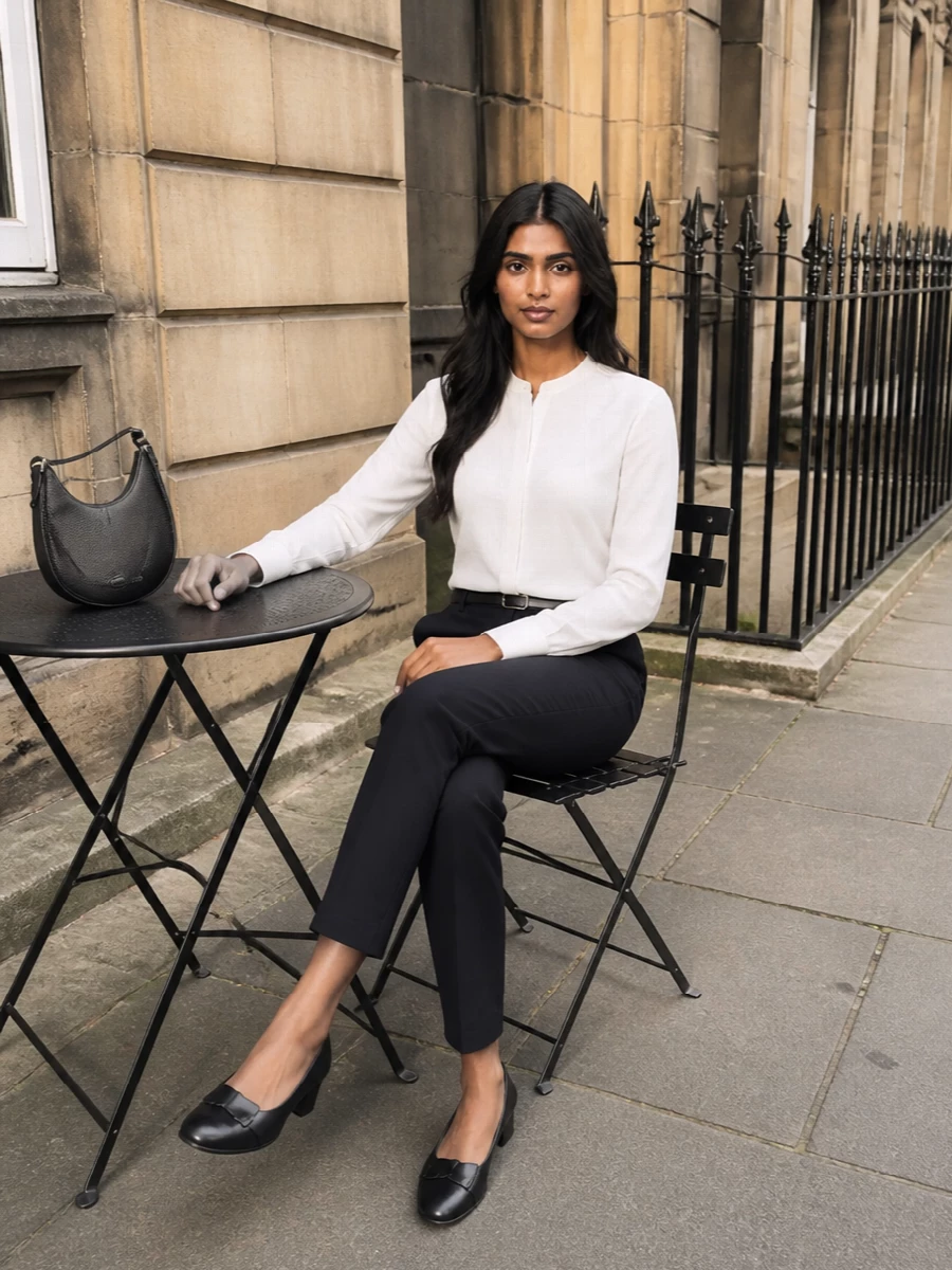 S max mara navy trousers white shirt outfit