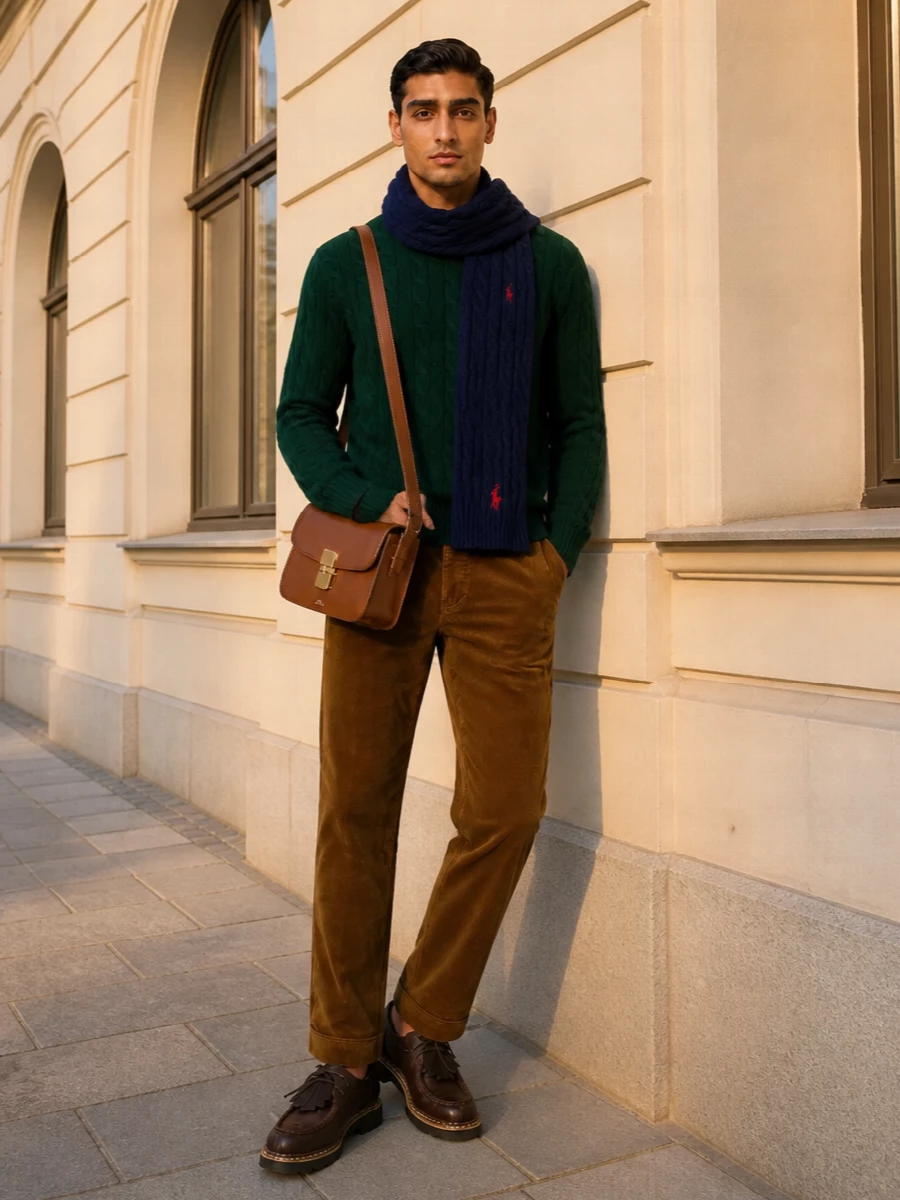 A forest green cable knit meets caramel corduroy for a collegiate mix of colour and texture that feels quietly assured. Chunky brown derbies give the line some welcome weight, while the cognac crossbody and navy scarf keep the whole story polished rather than precious. It is an easy smart-casual outfit that moves from campus to city dinner without needing a change in tone.
