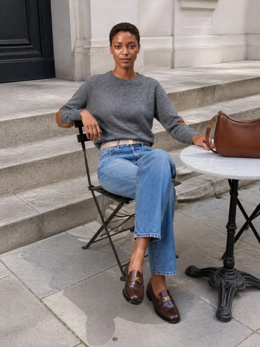 Celine grey sweatshirt jeans tan leather outfit