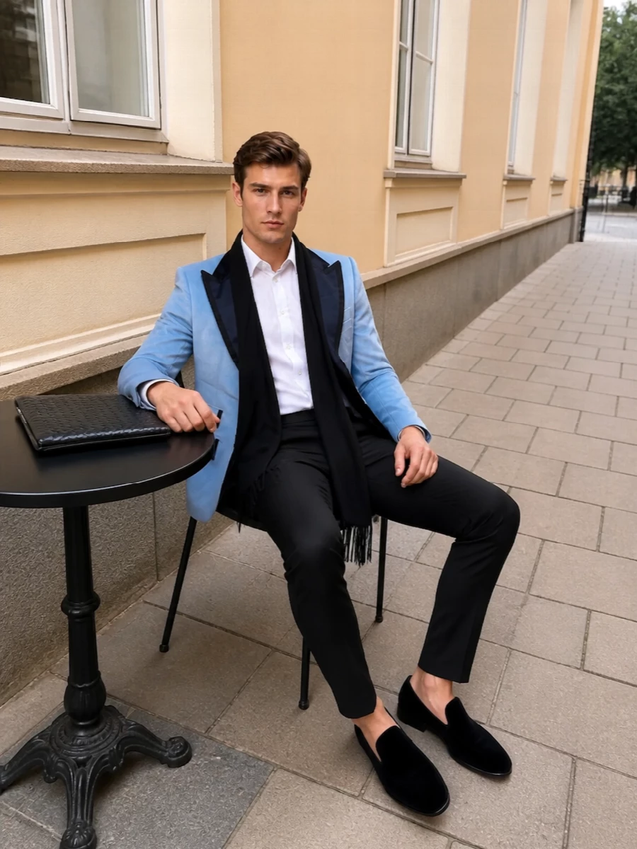 Powder blue and inky black meet in a quietly assertive evening combination, with slim black tailoring framing the statement jacket rather than competing with it. Velvet loafers and an intrecciato clutch deepen the texture story, keeping everything in the same formal register while the long black scarf adds a controlled hint of drama. The result is a precise, modern dinner ensemble that reads polished and memorable under low light.