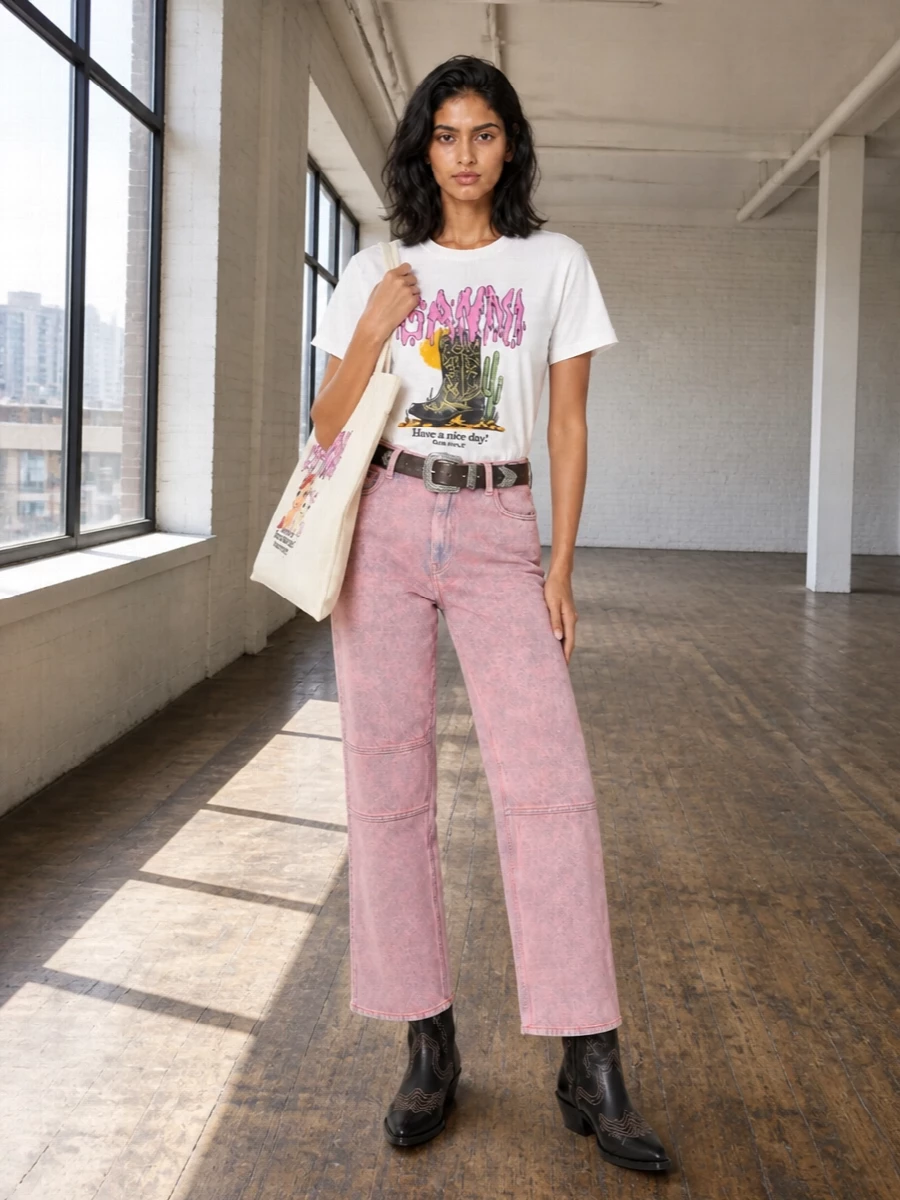 Ganni graphic tee pink jeans western boots