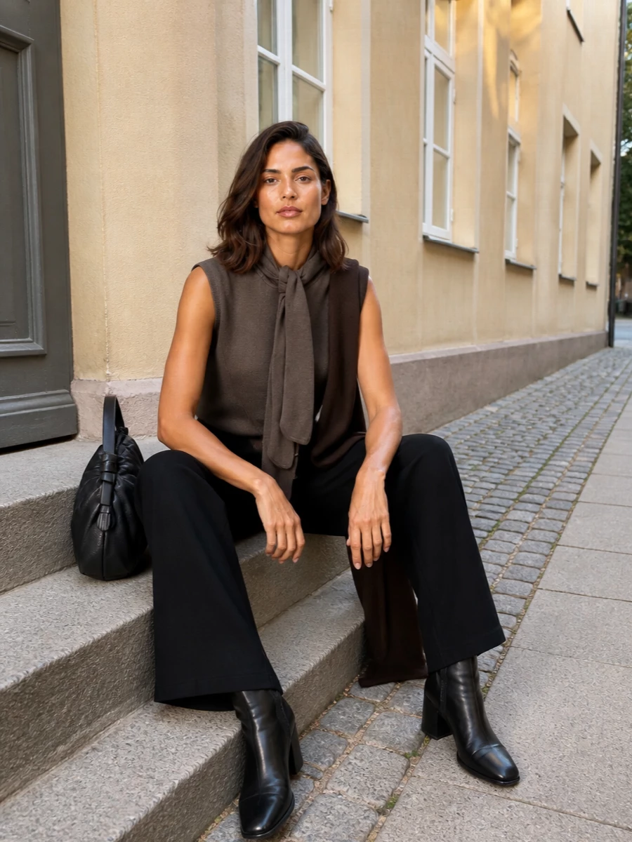 Lemaire taupe knit black wide leg trousers outfit